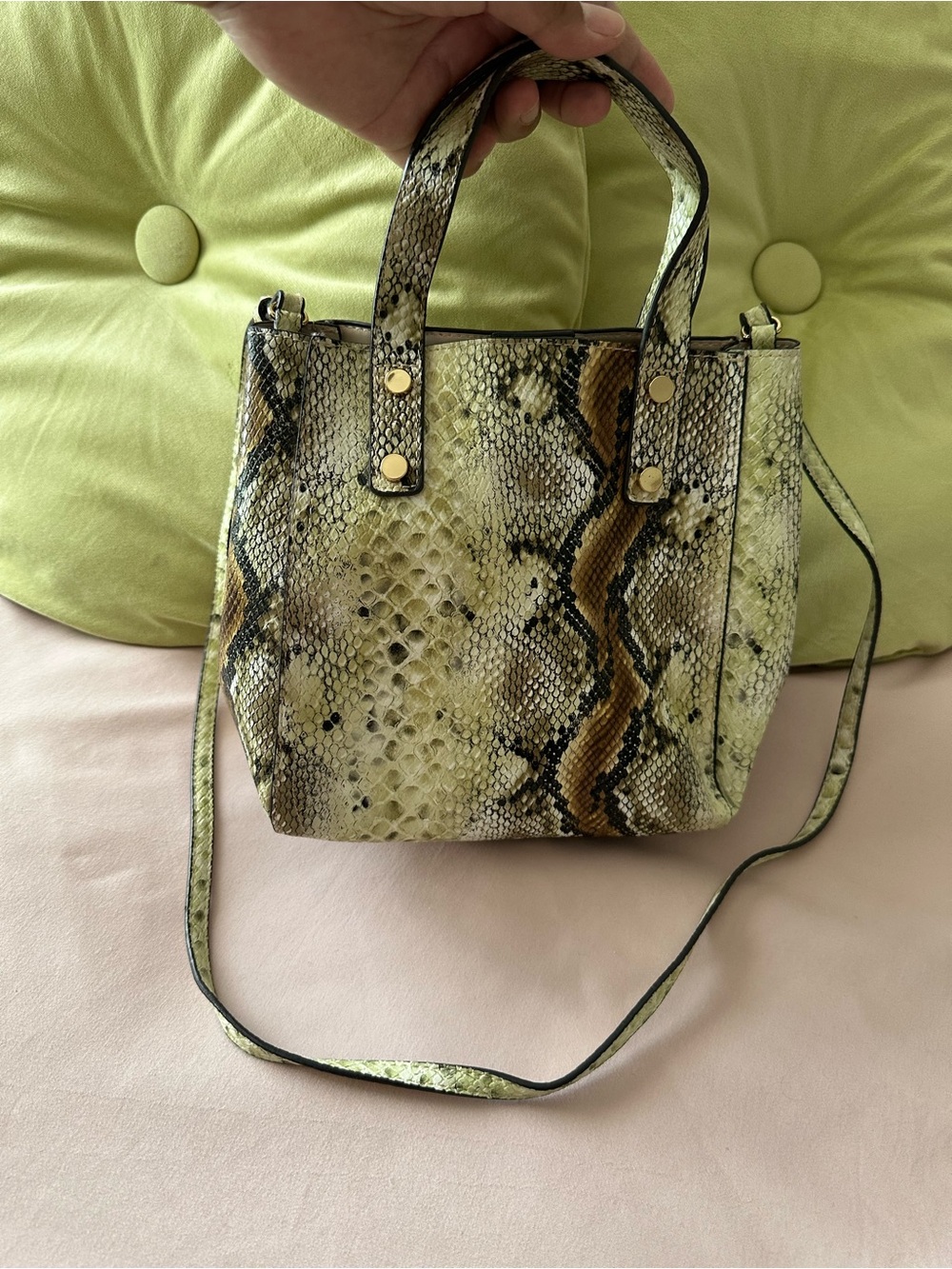 H&M Small Snake-Print Crossbody Bag in Green and Brown